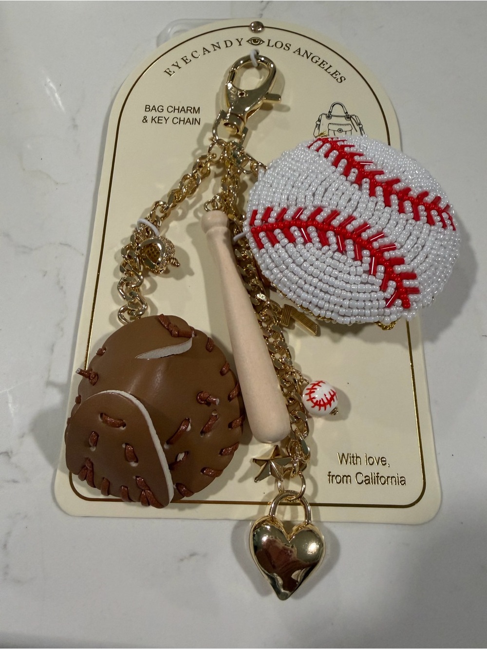 eye candy White and Red Beaded Baseball & Brown Glove Keychain Bag Charm